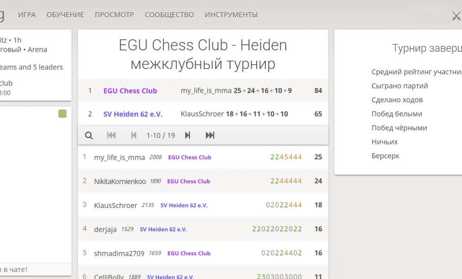 Продолжаются осенние серии онлайн-матчей между спортивными клубами EGU Chess Club (ЕГУ им. И.А. Бунина) и SV Heiden 62 e.V (Германия)