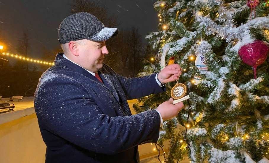 Глава Ельца Е.В. Боровских и председатель горсовета депутатов В.Н. Никонов повесили новогодние игрушки на елку в городском парке