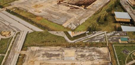 Две строительные площадки спортивных объектов с высоты птичьего полёта в городе Ельце