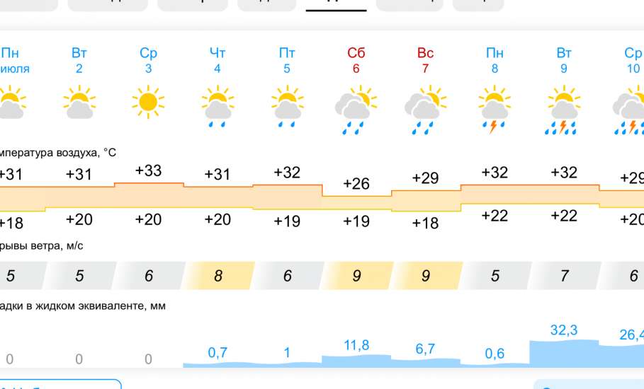 Прогноз погоды на первые 10 дней июля в Ельце