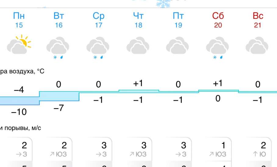 Прогноз погоды в Ельце с 15 по 21 декабря 2025 года