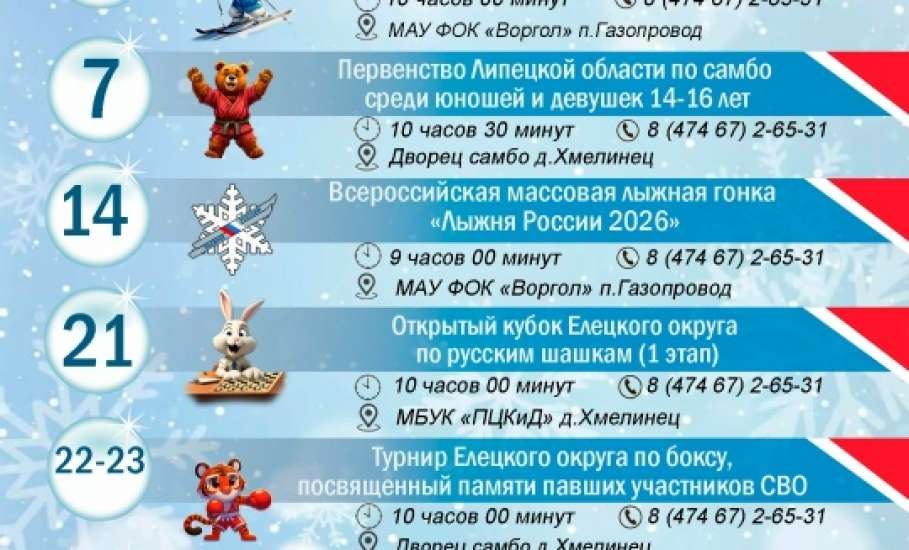 Календарь спортивных мероприятий Елецкого муниципального округа на февраль 2026 года