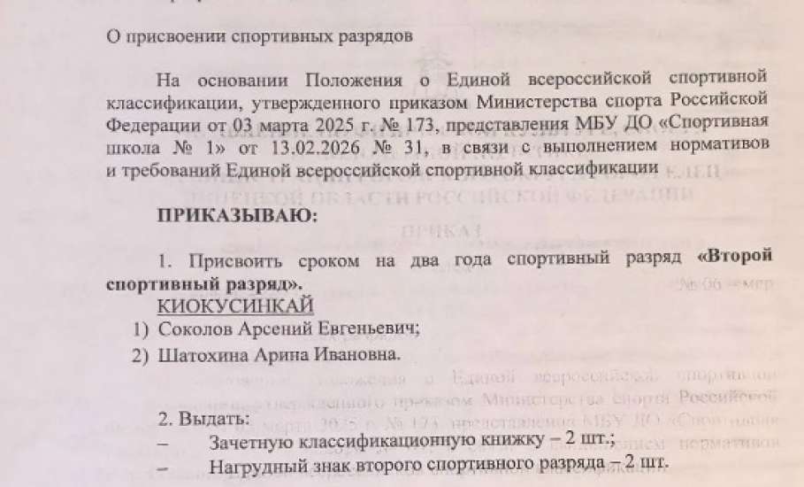 Елецким спортсменам присвоили спортивные разряды