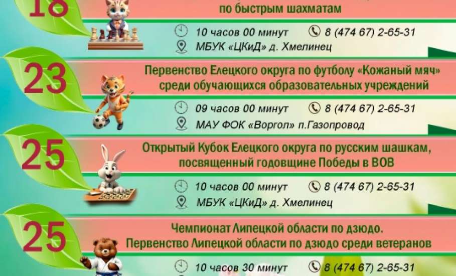 Календарь спортивных мероприятий Елецкого муниципального округа на апрель 2026 года